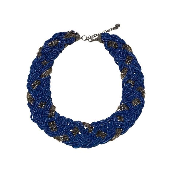Seed Bead Necklace, Twisted Braided Strand, Blue and Rhinestone Color Beaded Jew - Picture 1 of 3